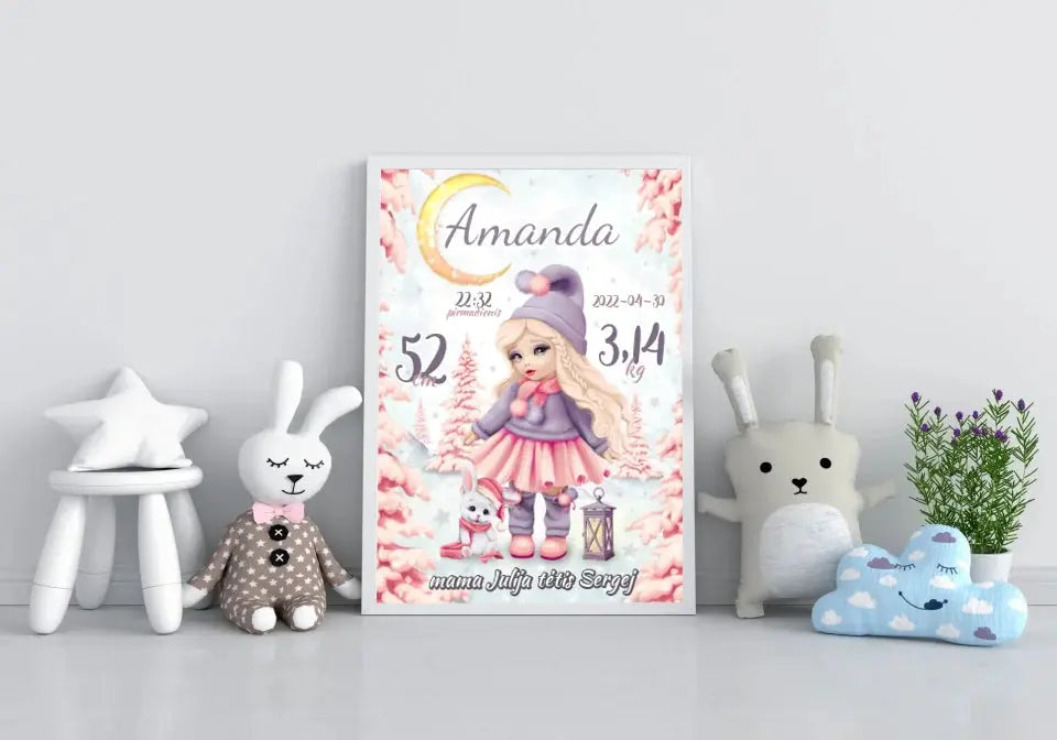 Personalizuota Mergaitės Gimimo Metrikų Iliustracija, plakatas su rėmeliu  Customizer -  dovanokis.lt