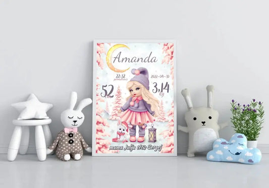 Personalizuota Mergaitės Gimimo Metrikų Iliustracija, plakatas su rėmeliu  Customizer -  dovanokis.lt