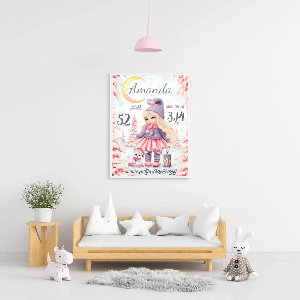 Personalizuota Mergaitės Gimimo Metrikų Iliustracija, plakatas su rėmeliu  Customizer -  dovanokis.lt