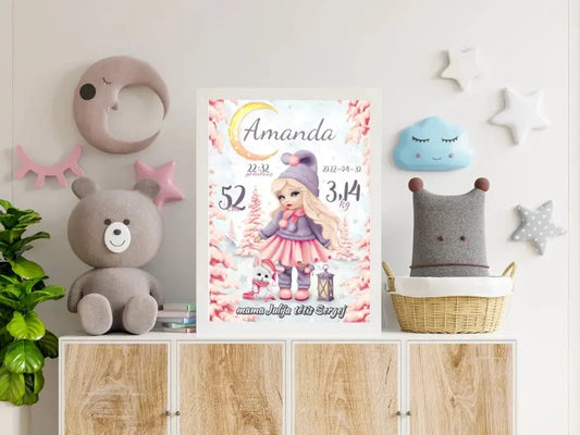 Personalizuota Mergaitės Gimimo Metrikų Iliustracija, plakatas su rėmeliu  Customizer -  dovanokis.lt