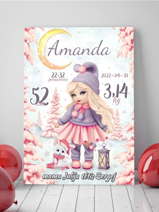 Personalizuota Mergaitės Gimimo Metrikų Iliustracija ant drobės  Drobe -  dovanokis.lt