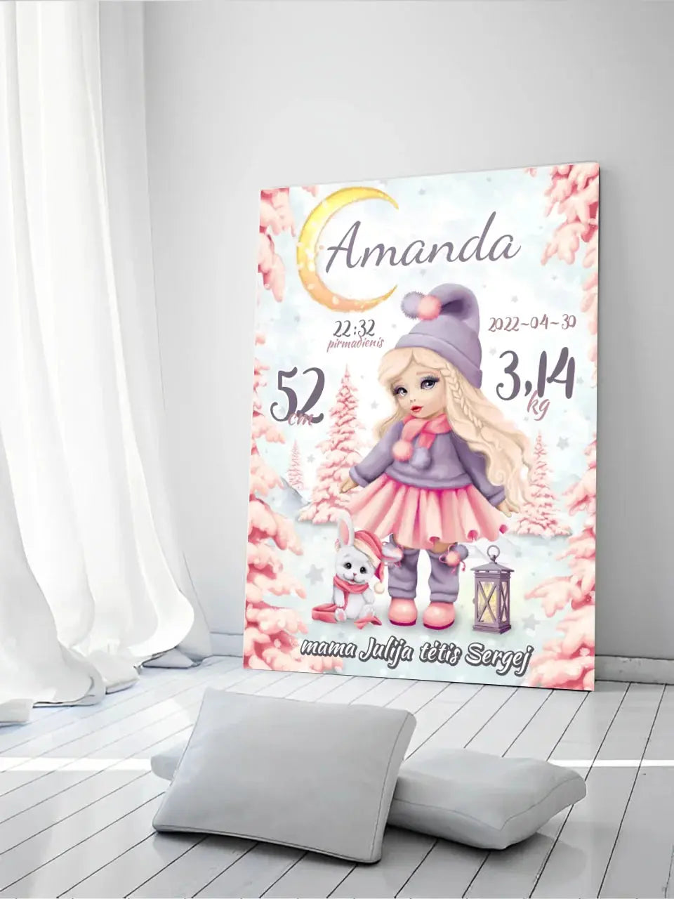 Personalizuota Mergaitės Gimimo Metrikų Iliustracija ant drobės  Drobe -  dovanokis.lt