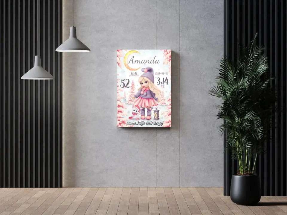Personalizuota Mergaitės Gimimo Metrikų Iliustracija ant drobės  Drobe -  dovanokis.lt