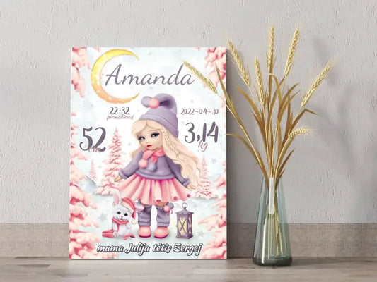 Personalizuota Mergaitės Gimimo Metrikų Iliustracija ant drobės  Drobe -  dovanokis.lt