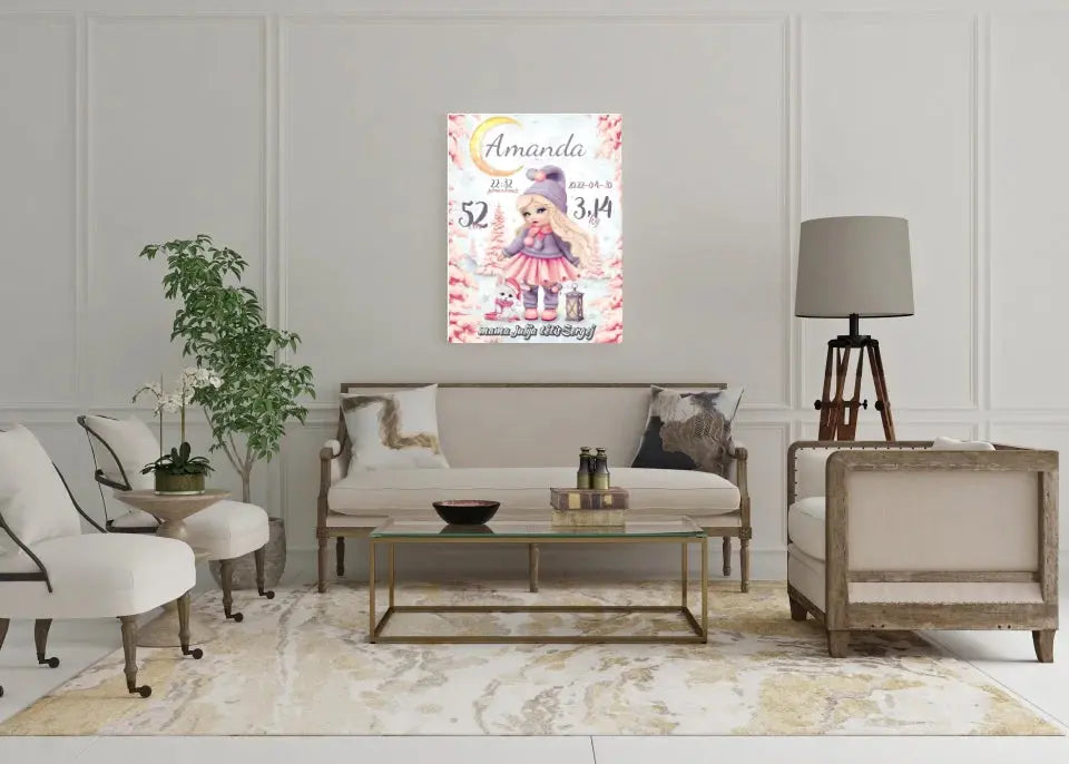 Personalizuota Mergaitės Gimimo Metrikų Iliustracija ant drobės  Drobe -  dovanokis.lt