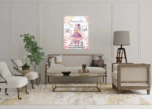 Personalizuota Mergaitės Gimimo Metrikų Iliustracija ant drobės  Drobe -  dovanokis.lt