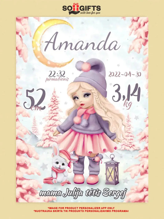 Personalizuota Mergaitės Gimimo Metrikų Iliustracija ant drobės  Drobe -  dovanokis.lt