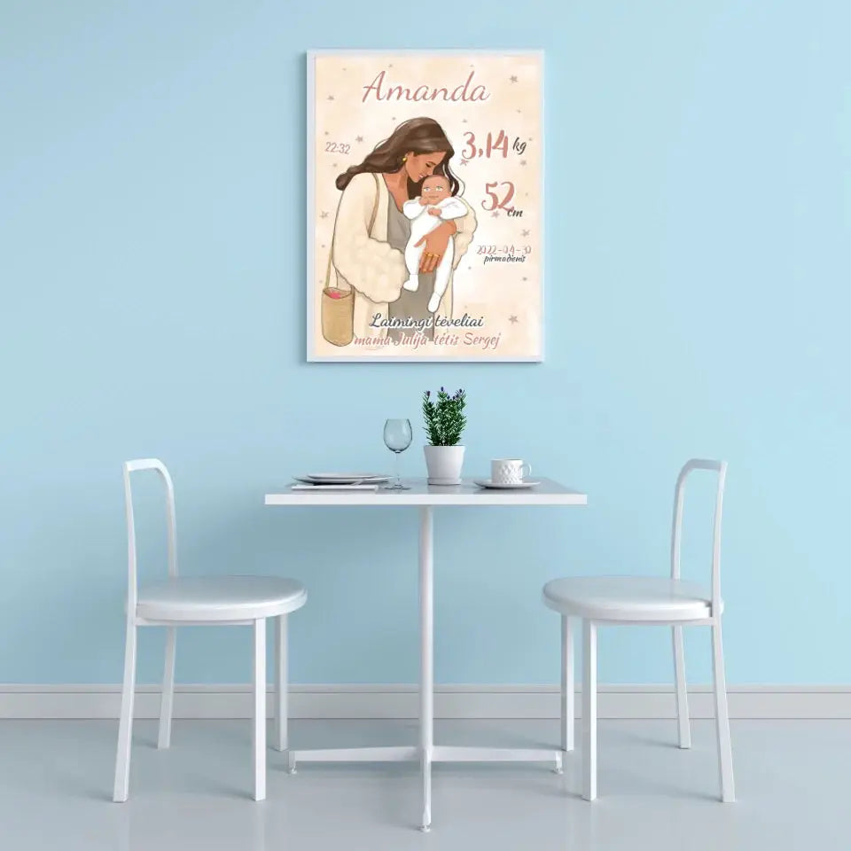 Personalizuota Mergaitės Gimimo Metrikų Iliustracija, plakatas su rėmeliu  Customizer -  dovanokis.lt