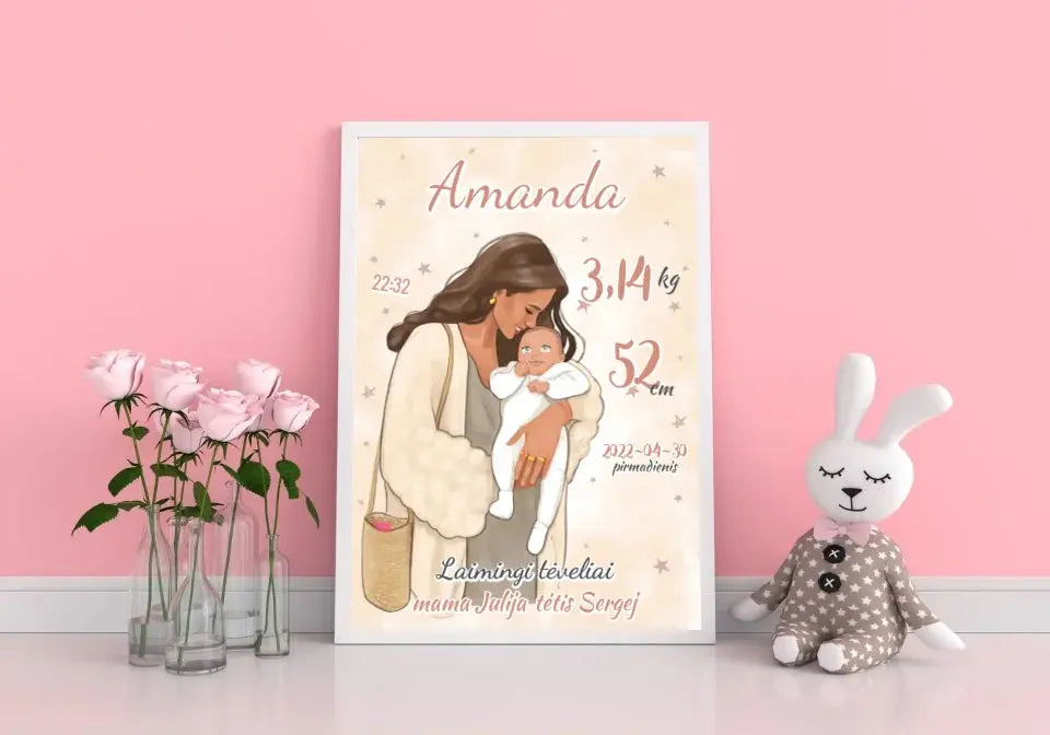 Personalizuota Mergaitės Gimimo Metrikų Iliustracija, plakatas su rėmeliu  Customizer -  dovanokis.lt