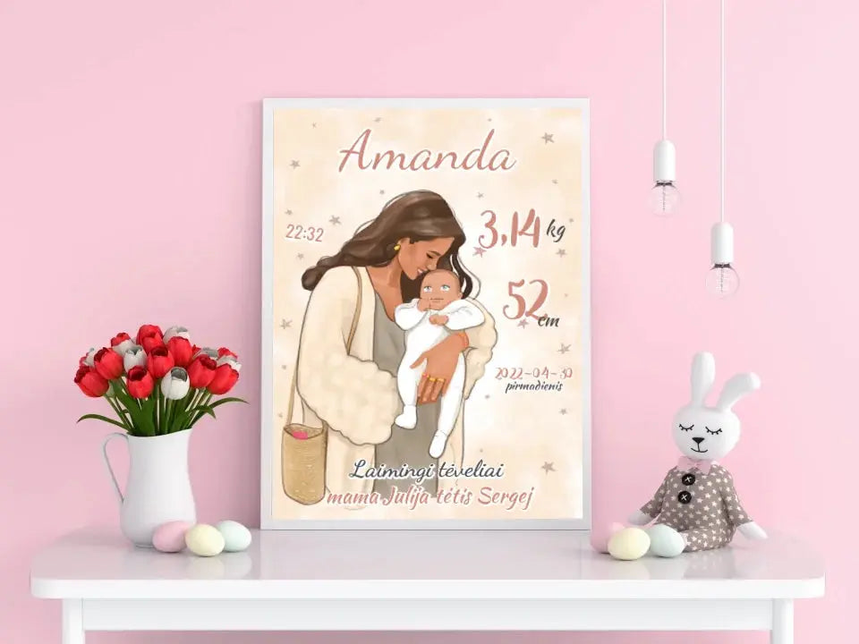 Personalizuota Mergaitės Gimimo Metrikų Iliustracija, plakatas su rėmeliu  Customizer -  dovanokis.lt