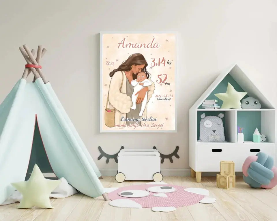 Personalizuota Mergaitės Gimimo Metrikų Iliustracija, plakatas su rėmeliu  Customizer -  dovanokis.lt