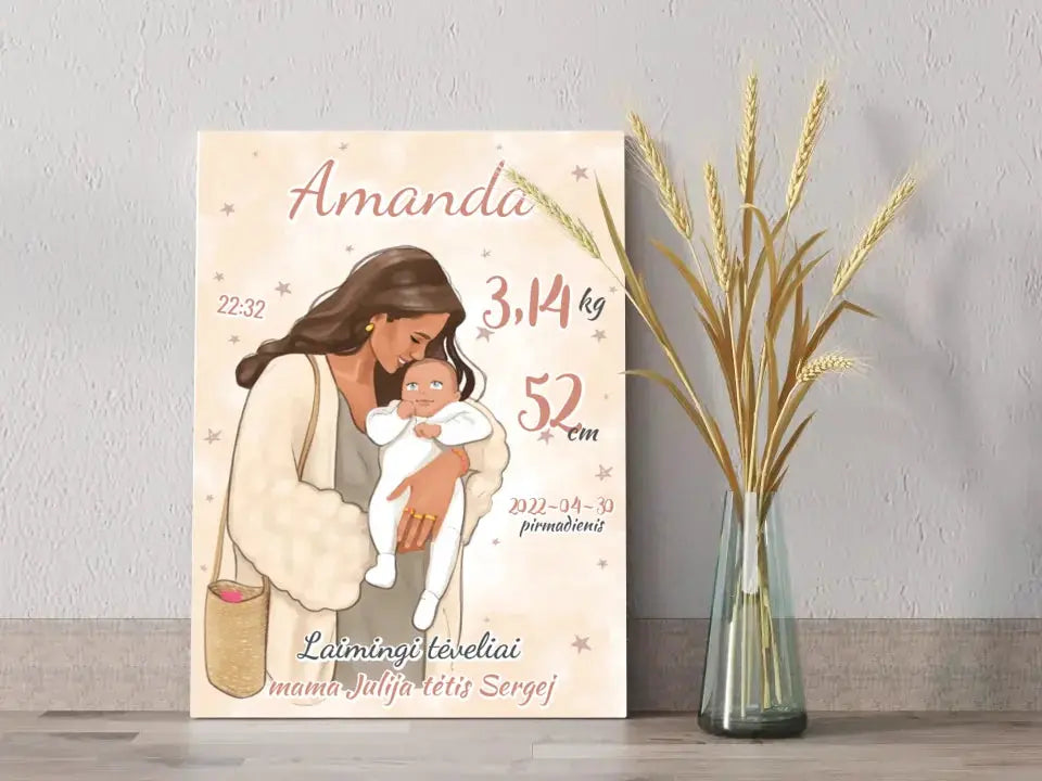 Personalizuota Mergaitės Gimimo Metrikų Iliustracija ant drobės  Drobe -  dovanokis.lt