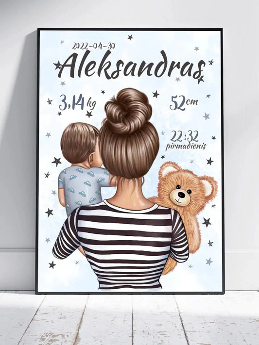 Personalizuota Berniuko Gimimo Metrikų Iliustracija, plakatas su rėmeliu  Customizer -  dovanokis.lt