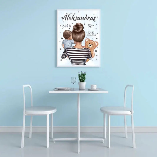 Personalizuota Berniuko Gimimo Metrikų Iliustracija, plakatas su rėmeliu  Customizer -  dovanokis.lt