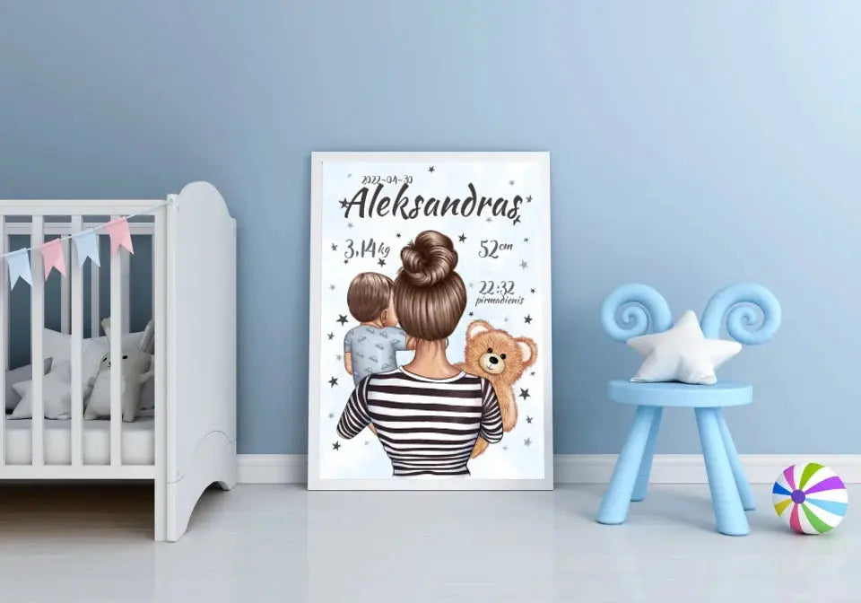 Personalizuota Berniuko Gimimo Metrikų Iliustracija, plakatas su rėmeliu  Customizer -  dovanokis.lt