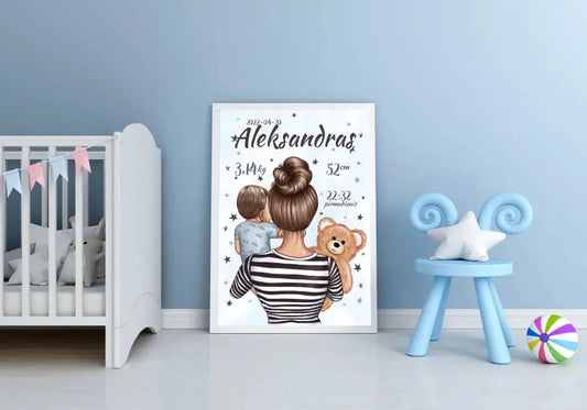 Personalizuota Berniuko Gimimo Metrikų Iliustracija, plakatas su rėmeliu  Customizer -  dovanokis.lt