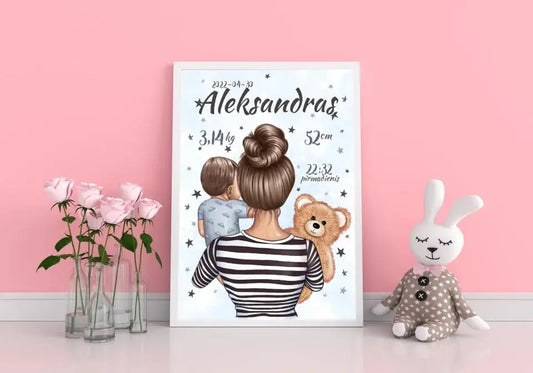 Personalizuota Berniuko Gimimo Metrikų Iliustracija, plakatas su rėmeliu  Customizer -  dovanokis.lt