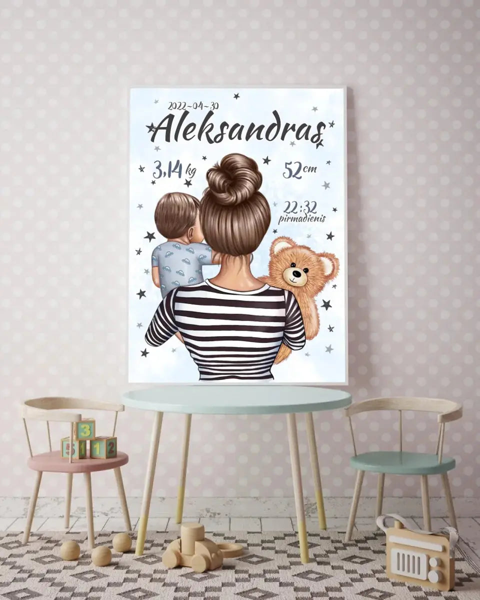 Personalizuota Berniuko Gimimo Metrikų Iliustracija, plakatas su rėmeliu  Customizer -  dovanokis.lt