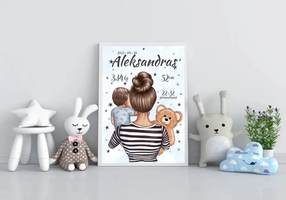 Personalizuota Berniuko Gimimo Metrikų Iliustracija, plakatas su rėmeliu  Customizer -  dovanokis.lt