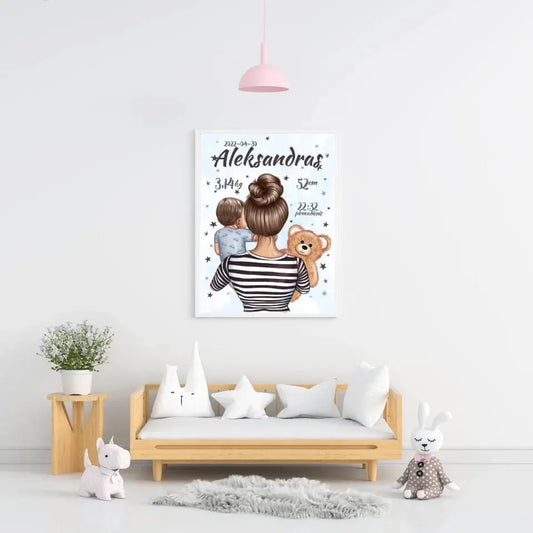 Personalizuota Berniuko Gimimo Metrikų Iliustracija, plakatas su rėmeliu  Customizer -  dovanokis.lt