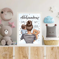 Personalizuota Berniuko Gimimo Metrikų Iliustracija, plakatas su rėmeliu  Customizer -  dovanokis.lt