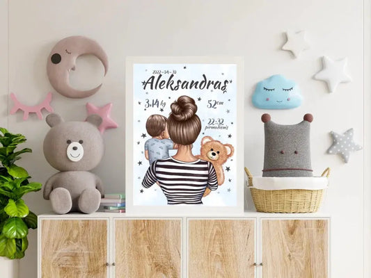 Personalizuota Berniuko Gimimo Metrikų Iliustracija, plakatas su rėmeliu  Customizer -  dovanokis.lt