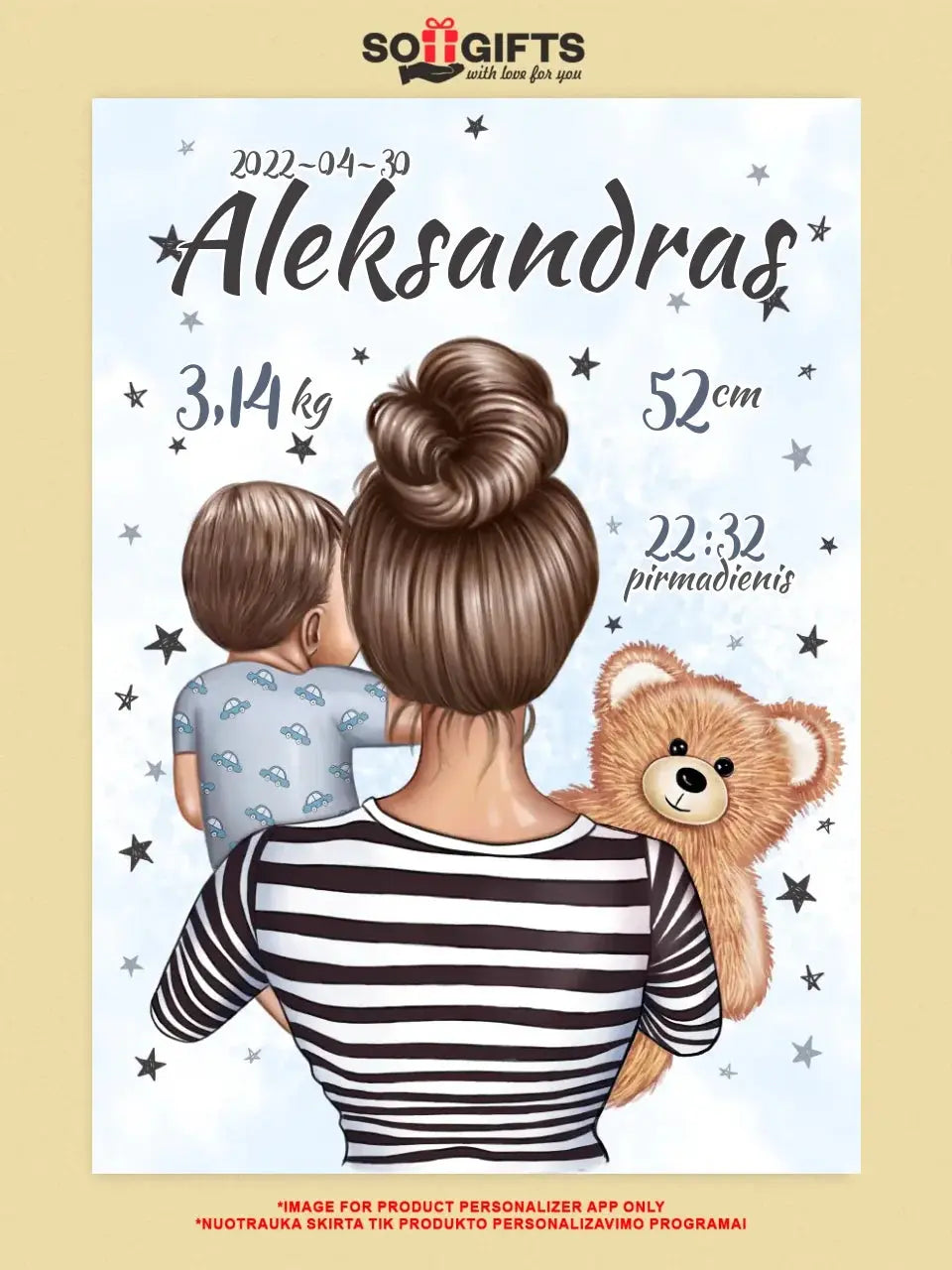 Personalizuota Berniuko Gimimo Metrikų Iliustracija ant drobės  Drobe -  dovanokis.lt