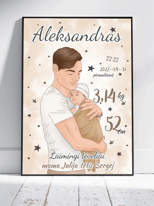 Personalizuota Berniuko Gimimo Metrikų Iliustracija, plakatas su rėmeliu  Customizer -  dovanokis.lt