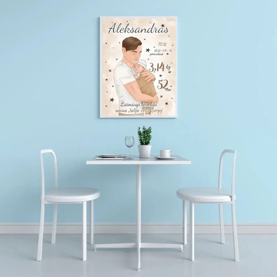 Personalizuota Berniuko Gimimo Metrikų Iliustracija, plakatas su rėmeliu  Customizer -  dovanokis.lt