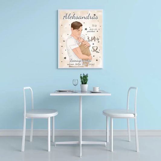 Personalizuota Berniuko Gimimo Metrikų Iliustracija, plakatas su rėmeliu  Customizer -  dovanokis.lt