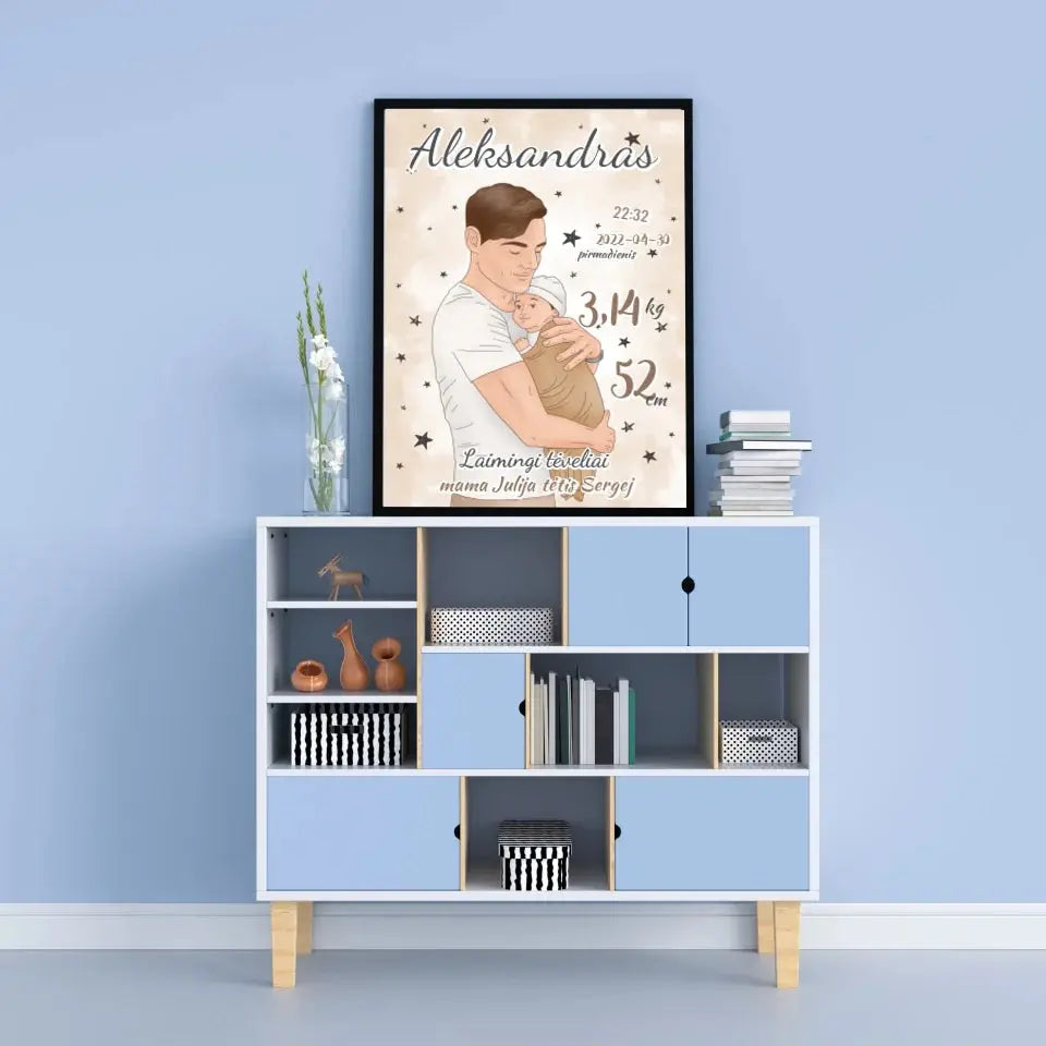 Personalizuota Berniuko Gimimo Metrikų Iliustracija, plakatas su rėmeliu  Customizer -  dovanokis.lt