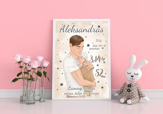 Personalizuota Berniuko Gimimo Metrikų Iliustracija, plakatas su rėmeliu  Customizer -  dovanokis.lt