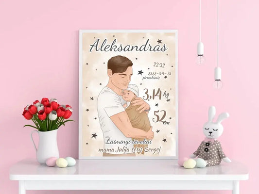 Personalizuota Berniuko Gimimo Metrikų Iliustracija, plakatas su rėmeliu  Customizer -  dovanokis.lt