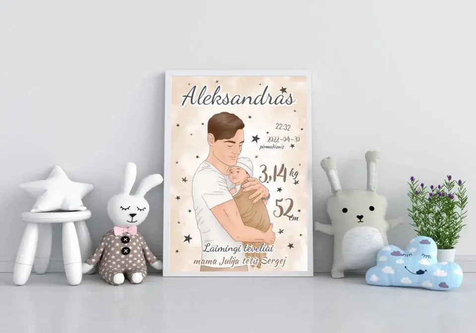 Personalizuota Berniuko Gimimo Metrikų Iliustracija, plakatas su rėmeliu  Customizer -  dovanokis.lt