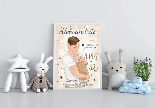 Personalizuota Berniuko Gimimo Metrikų Iliustracija, plakatas su rėmeliu  Customizer -  dovanokis.lt