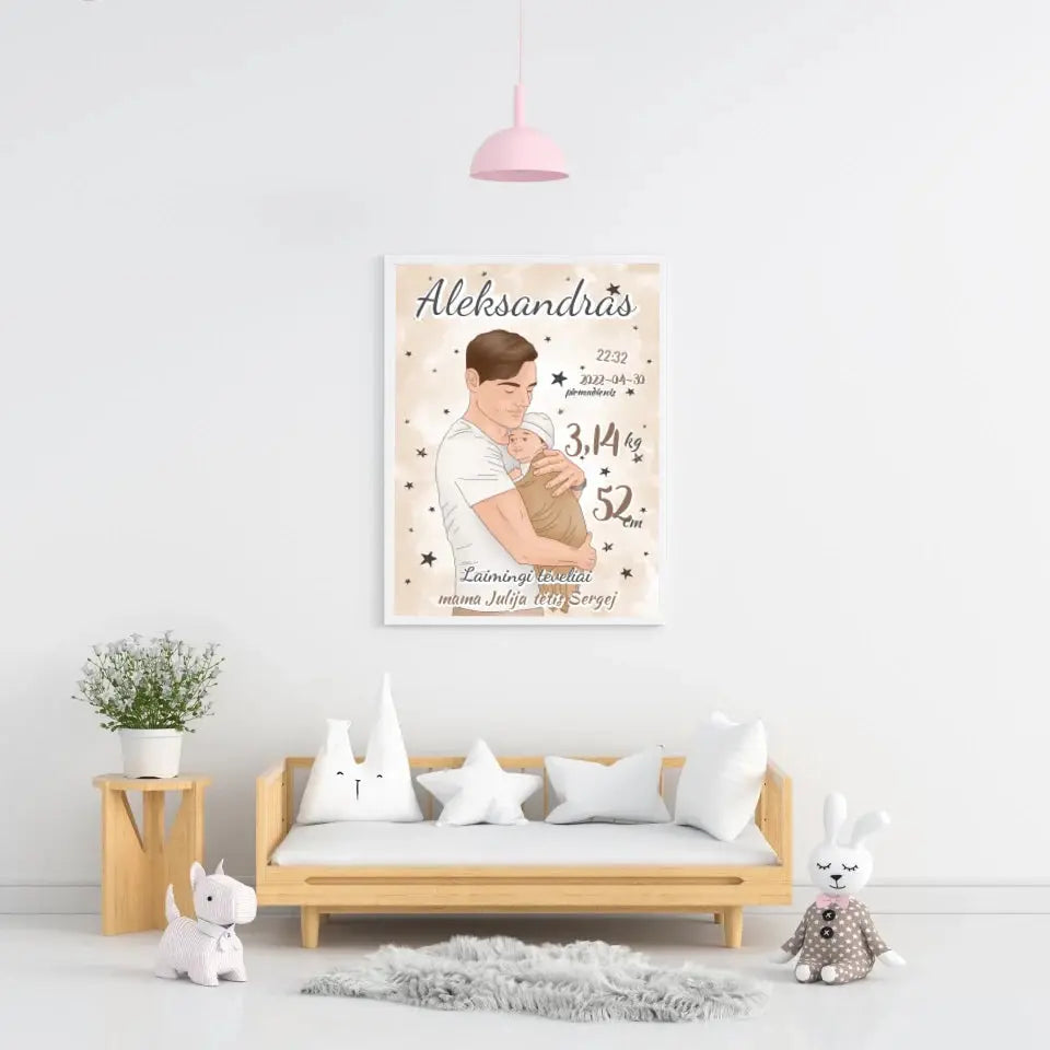 Personalizuota Berniuko Gimimo Metrikų Iliustracija, plakatas su rėmeliu  Customizer -  dovanokis.lt