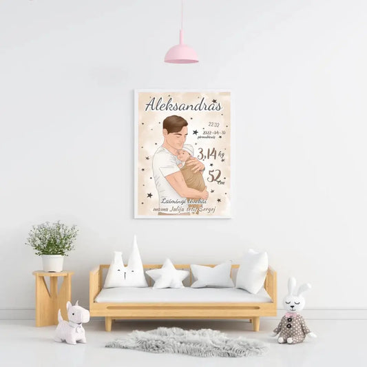Personalizuota Berniuko Gimimo Metrikų Iliustracija, plakatas su rėmeliu  Customizer -  dovanokis.lt