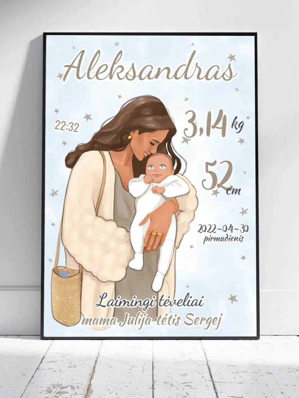 Personalizuota Berniuko Gimimo Metrikų Iliustracija, plakatas su rėmeliu  Customizer -  dovanokis.lt