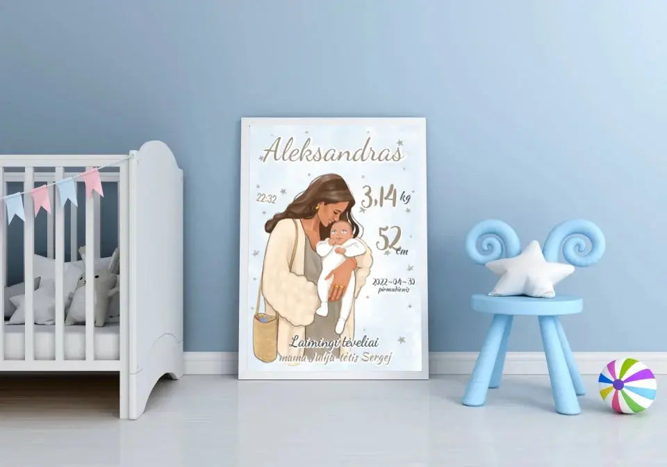 Personalizuota Berniuko Gimimo Metrikų Iliustracija, plakatas su rėmeliu  Customizer -  dovanokis.lt