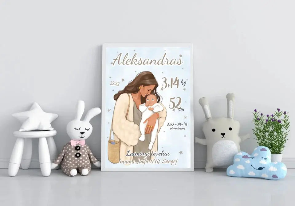 Personalizuota Berniuko Gimimo Metrikų Iliustracija, plakatas su rėmeliu  Customizer -  dovanokis.lt