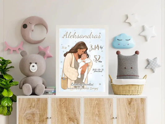 Personalizuota Berniuko Gimimo Metrikų Iliustracija, plakatas su rėmeliu  Customizer -  dovanokis.lt