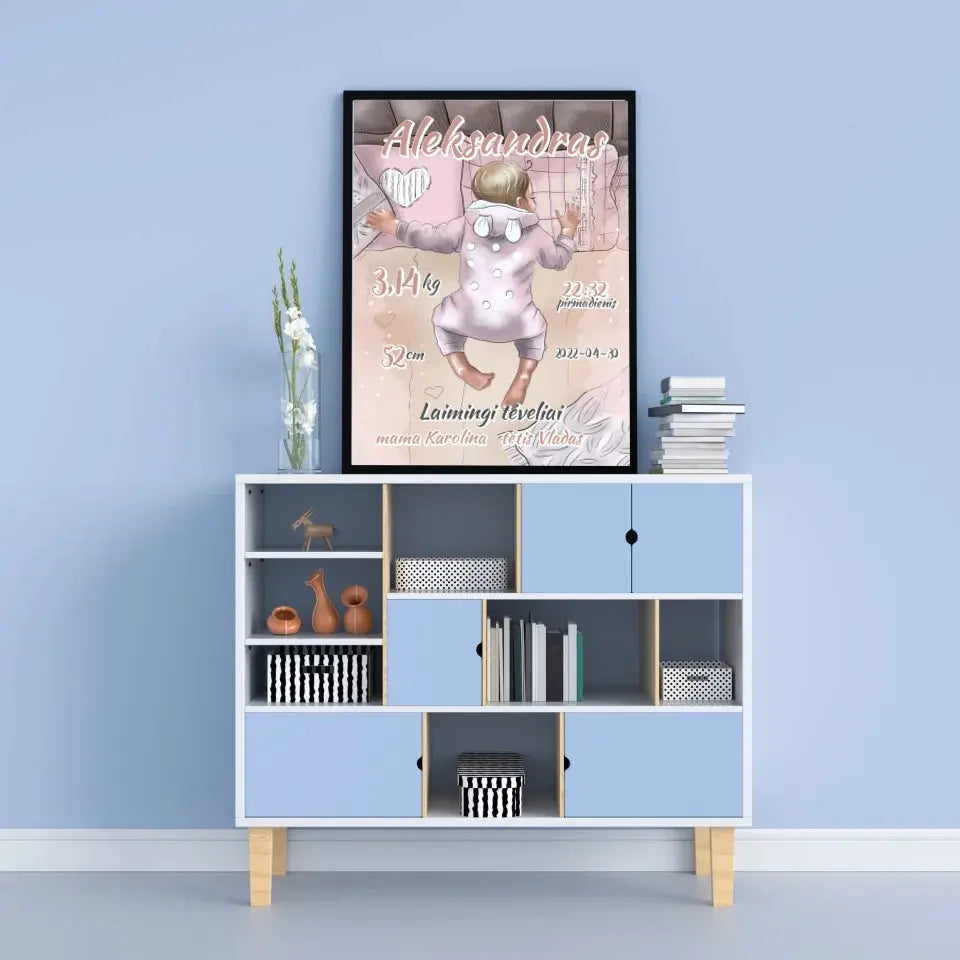Personalizuota Berniuko Gimimo Metrikų Iliustracija, plakatas su rėmeliu  Customizer -  dovanokis.lt
