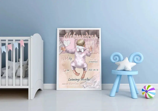 Personalizuota Berniuko Gimimo Metrikų Iliustracija, plakatas su rėmeliu  Customizer -  dovanokis.lt