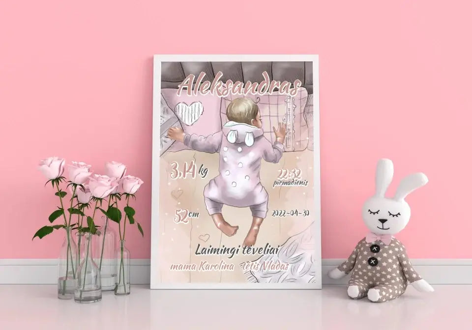 Personalizuota Berniuko Gimimo Metrikų Iliustracija, plakatas su rėmeliu  Customizer -  dovanokis.lt