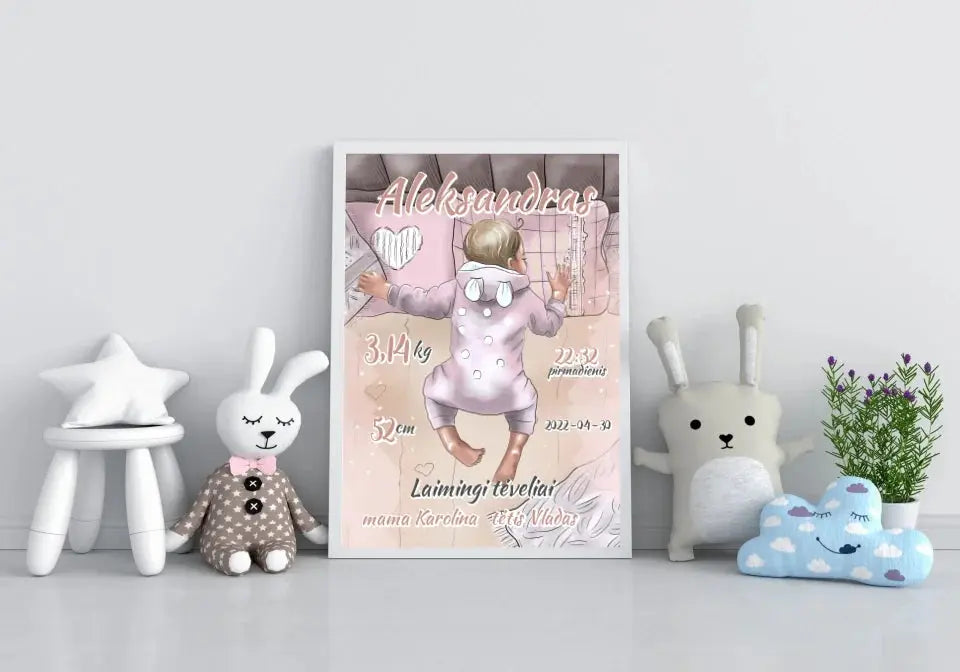 Personalizuota Berniuko Gimimo Metrikų Iliustracija, plakatas su rėmeliu  Customizer -  dovanokis.lt