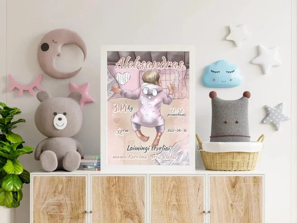 Personalizuota Berniuko Gimimo Metrikų Iliustracija, plakatas su rėmeliu  Customizer -  dovanokis.lt