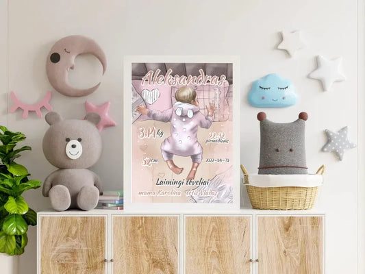 Personalizuota Berniuko Gimimo Metrikų Iliustracija, plakatas su rėmeliu  Customizer -  dovanokis.lt