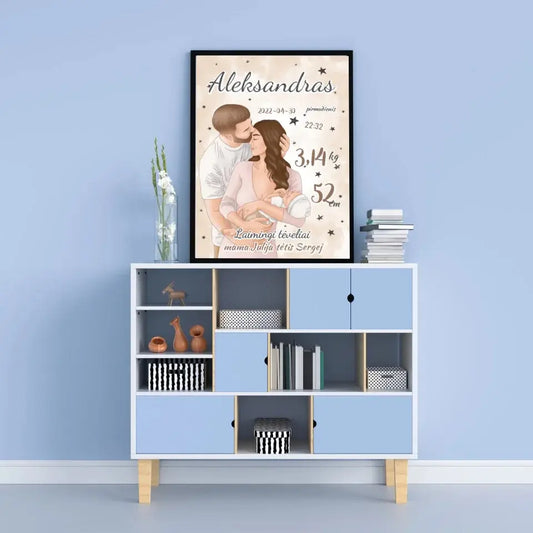 Personalizuota Berniuko Gimimo Metrikų Iliustracija, plakatas su rėmeliu  Customizer -  dovanokis.lt