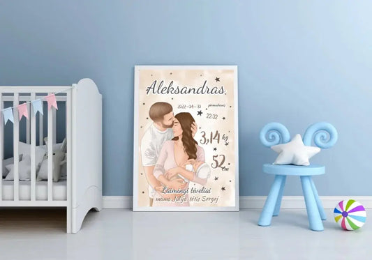 Personalizuota Berniuko Gimimo Metrikų Iliustracija, plakatas su rėmeliu  Customizer -  dovanokis.lt