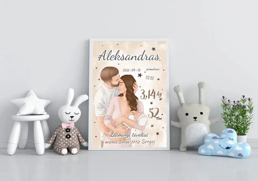Personalizuota Berniuko Gimimo Metrikų Iliustracija, plakatas su rėmeliu  Customizer -  dovanokis.lt